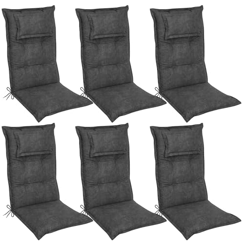 DILUMA Hochlehner Auflage Luxor 120x50 cm mit Kopfpolster 6er Set Anthrazit - Luxus Stuhlauflage mit 8 cm Polsterung von DILUMA