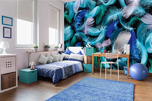 Vlies Fototapete BLAUE, GRÜNE UND ROSAFARBENE FEDERN 375 x 250 cm (inkl. Kleister) - Vlies Tapete, Wandtapete, Wandbilder - Tapete für Wohnzimmer Schlafzimmer, Büro, Küche - Montagefertig von DIMEX