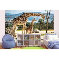 Wandbild Giraffenfamilie - Kätzchen | Tapete Deko Vlies Geheimnisvoll Wohnzimmer Schlafzimmer von DIMEXArt