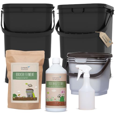 Bokashi Eimer Starterset Premium inkl. EM aktiv + Bokashi Ferment + 5 Liter Biomülleimer + Sprühflasche (schwarz) von DIMIKRO