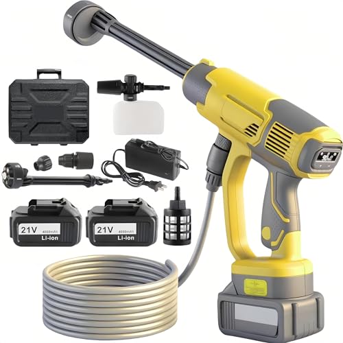 Akku Hochdruckreiniger, 21V Max 60Bar/870PSI Mobiler Druckreiniger mit 4,0Ah Akku, 3 Ganggeschwindigkeiten, LCD Leistungsanzeige, 6 In 1 Düse, 5M Schlauch und Schaumkanne (mit 2X Akkus) von DIMITOM
