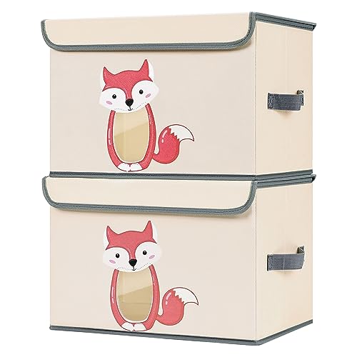 DIMJ 2 Stück Kinder Aufbewahrungsboxen mit Deckel, Große Spielzeugkiste Faltbox, Transparentes sichtbares Fenster, Aufbewahrungsbox Kinder mit Griffe, 38x25x25cm, Beige+Cartoon Fuchs von DIMJ