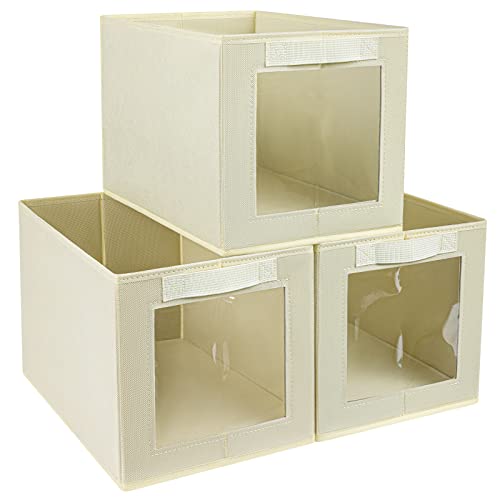 DIMJ 3 Stück Aufbewahrungsboxen, Faltbox mit Transparentem Sichtfenster Faltbare Aufbewahrungskiste mit Schlaufe für Kleiderschrank, Kleidung, Bücher, Kosmetik, Spielzeug usw. (34*23*23 cm, Beige) von DIMJ