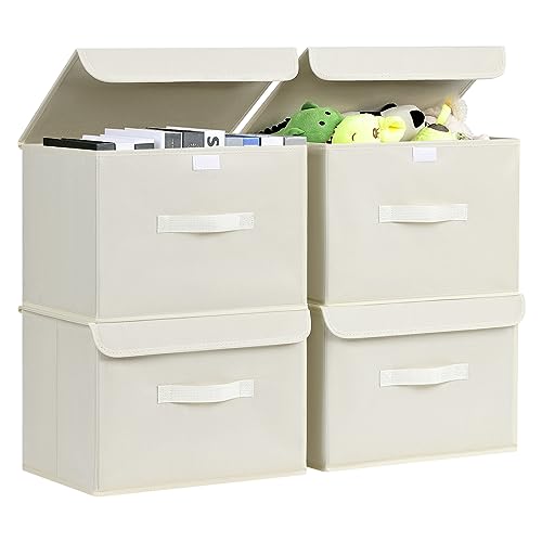 DIMJ 4 Stück Aufbewahrungsboxen mit Deckel, Faltbare Aufbewahrungskiste mit Griff, Aufbewahrungskorb Stoff, Ordnungsboxen Kleiderschrank Organizer, Faltbox für Kleidung, Beige von DIMJ