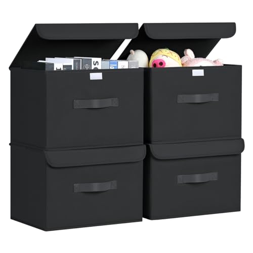 DIMJ 4 Stück Aufbewahrungsboxen mit Deckel, Faltbare Aufbewahrungskiste mit Griff, Aufbewahrungskorb Stoff, Ordnungsboxen Kleiderschrank Organizer, Faltbox für Kleidung, Schwarz von DIMJ