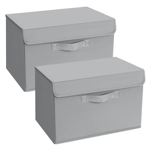 DIMJ Aufbewahrungsboxen mit Deckel, Faltbare Aufbewahrungskiste mit Griff, Aufbewahrungskorb Stoff, Ordnungsboxen Kleiderschrank Organizer, Faltbox für Kleidung, 2 Stück, Klassisches Grau DIMJ Aufbewahrungsboxen mit Deckel, Faltbare Aufbewahrungskiste mit Griff, Aufbewahrungskorb Stoff, Ordnungsboxen Kleiderschrank Organizer, Faltbox für Kleidung, 2 Stück, Klassisches Grau von DIMJ