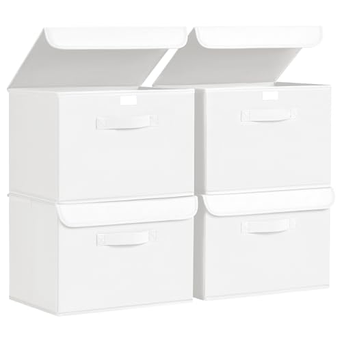 DIMJ Aufbewahrungsboxen mit Deckel, Faltbare Aufbewahrungskiste mit Griff, Aufbewahrungskorb Stoff, Ordnungsboxen Kleiderschrank Organizer, Faltbox für Kleidung, 4 Stück, Hellweiß DIMJ Aufbewahrungsboxen mit Deckel, Faltbare Aufbewahrungskiste mit Griff, Aufbewahrungskorb Stoff, Ordnungsboxen Kleiderschrank Organizer, Faltbox für Kleidung, 4 Stück, Hellweiß von DIMJ