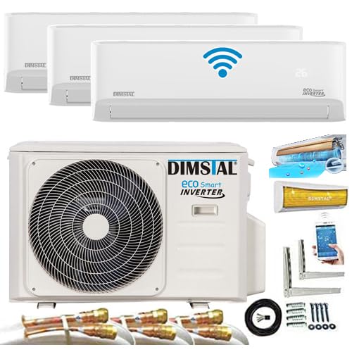 A++/A++/A++ 4m QuickConnect 2x 3,5kW + 1x 2,6kW (2x 12000BTU + 1x9000BTU) TRIO-Split SelfClean WiFi/WLAN/App Steuerung MultiSplit Klimaanlage INVERTER Klimagerät mit 3 Innengeräten + Heizung von DIMSTAL