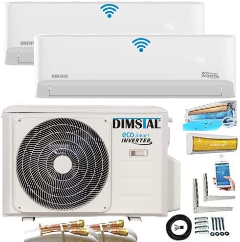 A++/A++ 5m QC 1x12000BTU + 1x 9000BTU QuickConnect Duo-Split SelfClean WiFi/WLAN/App Steuerung MultiSplit Klimaanlage +Wandhalter MultiSplit INVERTER 2 Innengeräte und Heizung von DIMSTAL