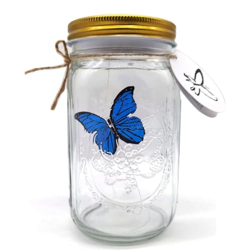 DINESA Schmetterlingssammlung im Glas, Schmetterlingsglas, das Sich Bewegt, LED-Licht, Romantisches Glas, Animierter Schmetterling, Blau, Langlebig, Einfache Installation von DINESA