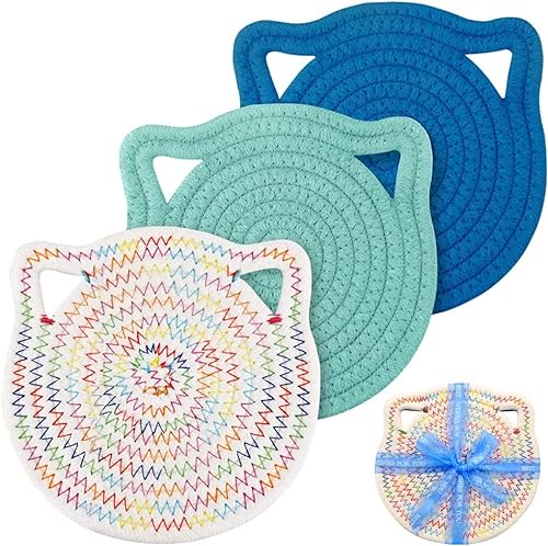 DINGC 3er Set Tischset Nettes in Katzen Dicht Gewebt, Platzset Geflochten Reines Baumwollmaterial, Platzdeckchen Kinder Sicher und Geruchlos (Blau, Grün, Regenbogenfarben, 18cm) von DINGC