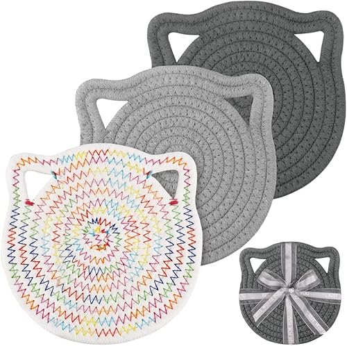 DINGC 3er Set Tischset Nettes in Katzen Dicht Gewebt, Platzset Geflochten Reines Baumwollmaterial, Platzdeckchen Kinder Sicher und Geruchlos (Dunkelgrau, Hellgrau, Regenbogenfarben, 18cm) von DINGC