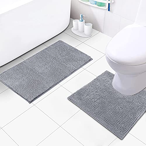 DINGC Chenille Badematte rutschfest und Waschbar, Badematten Set 2 Teilig Bad-Teppiche 50x80cm und U-förmige WC Teppich 50x50cm, Einen WC-Vorleger Badteppich Saugfähig für Bad (Grau) von DINGC