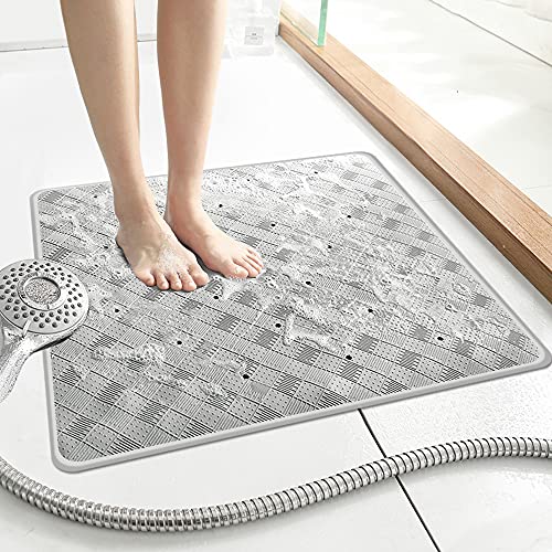 DINGC Duschmatte rutschfest mit Saugnapf und Ablauflöchern, Quadrat Duschmatten Kautschuk Schimmelresistent Maschinen waschbar, Dusch Matten Groß für Badezimmer oder Badewanne 53x53cm(Grau) von DINGC