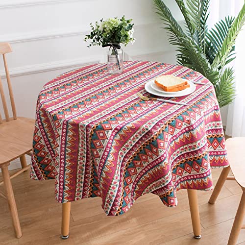 DINGC Tischdecke Rund Baumwolle und Leinen mit Rotes Dreiecks Muster 150cm, Tischtücher Runde Abwaschbare Staubdicht Tablecloth Round, Tischdecken für Esstisch Wohnzimmer Picknick von DINGC