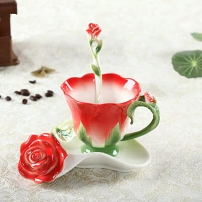 DINGDO 3D Rose Emaille Kaffeetasse Set mit Löffel Untertasse Keramik Tee Milchbecher Europäische Bone China Wasserflasche Ehe von DINGDO