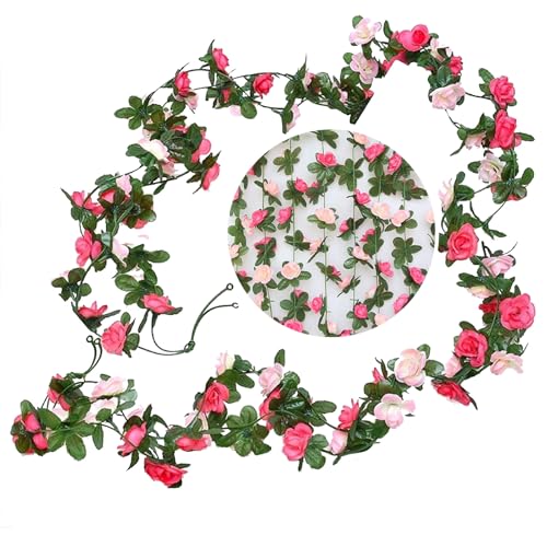 DINGFENG Blumengirlande (2er Pack) - 2,45m Künstlich Rosenblüten Girlande Hochzeit Dekoration in Pink & Magenta Outdoor | Wetterfeste Blumen Girlande Set für Balkon, Blumenwand & Türkranz Sommer von DINGFENG