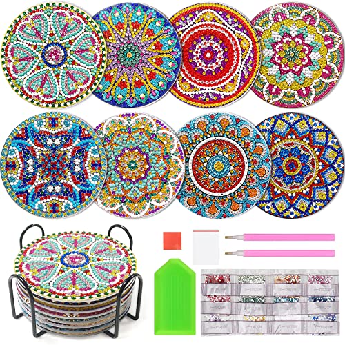 Diamond Painting Untersetzer, DINGHENG 8 STK Diamant Art Runde Untersetzer mit Halter - Boho Deko Painting DIY Mandala Untersetzer Erwachsene Zubehör Set zum Basteln Für Gläser Weingläser Vasen von DINGHENG