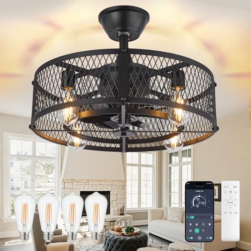 Caged Deckenventilator mit Licht: 20" Bauernhaus Kronleuchter mit Licht und Fernbedienung APP Control - Schwarz Leise DC Motor Rustic Kronleuchter mit Ventilator für Bedroon Küche Wohnzimmer Esszimmer von DINGLILIGHTING