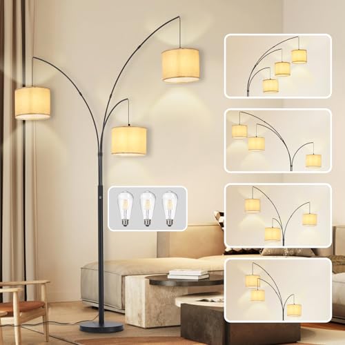 Moderne Stehlampe für Zimmer: 3 Licht Tree dimmbare Stehlampen mit beigefarbenen Schirmen für Wohnzimmer - Bogen Stehlampes für Schlafzimmer - hohe Stehlampe für Büro Ecke Schwarz von DINGLILIGHTING