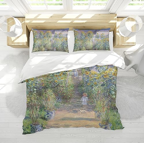 Claude Monet Style bettwäsche Set 3-teilig Der Garten des Künstlers in Vetheuil, 1880 Weiches Bettwäsche-Set für Schlafzimmer mit 2 Kissenkissen 155 x 220 cm von DINGSION
