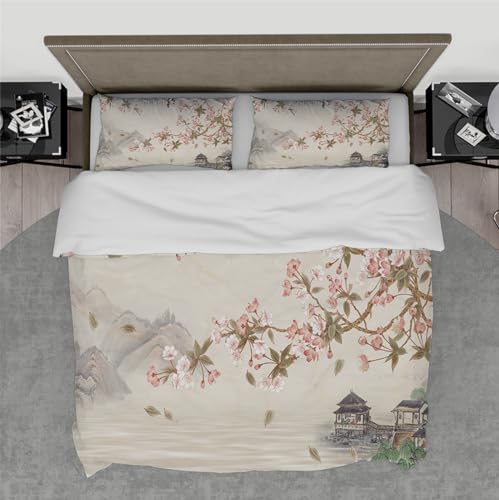 DINGSION Bettwäsche-Set 3-teiliges Tusche-Landschaftsgemälde mit rosa Blumen Grüne Blätter fallendes Schlafzimmer-Bettwäsche-Set mit 2 Kissen Shams Reißverschluss 140 x 220 cm von DINGSION