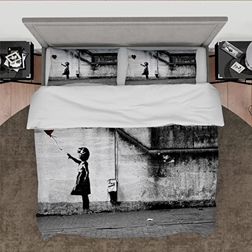 DINGSION Bettwäsche-Set im Banksy-Stil 3-teilig Straßen-Graffiti-Kunst rotes Ballonmädchen weiche atmungsaktive Bettwäsche für Kinderzimmer mit 2 Kissenbezügen 135 x 200 cm von DINGSION