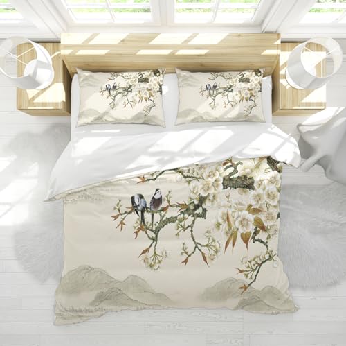 DINGSION Bettwäsche-Set im chinesischen Stil 3-teiliges Landschafts-Tusche-Gemälde Vogelgesänge Duftende Blumen Schlafzimmer-Bettwäsche-Set mit 2 Kissenbezügen 210 x 210 cm von DINGSION
