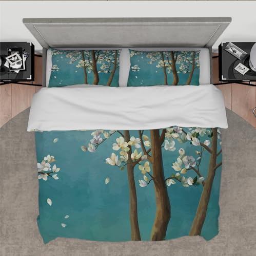 DINGSION Blaues Bettwäsche-Set 3-teilig Ölgemälde-Stil braune Zweige mit blühender Magnolie Schlafzimmer-Bettwäsche-Set mit 2 Kissenbezügen Reißverschluss 135 x 200 cm von DINGSION
