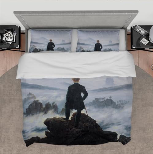 DINGSION Caspar David Friedrich Style Bettwäsche-Set 3-teilig Der Wanderer über dem Nebelmeer Schlafzimmer-Bettwäsche-Set mit 2 Kissen-Shams-Reißverschluss 140 x 220 cm von DINGSION