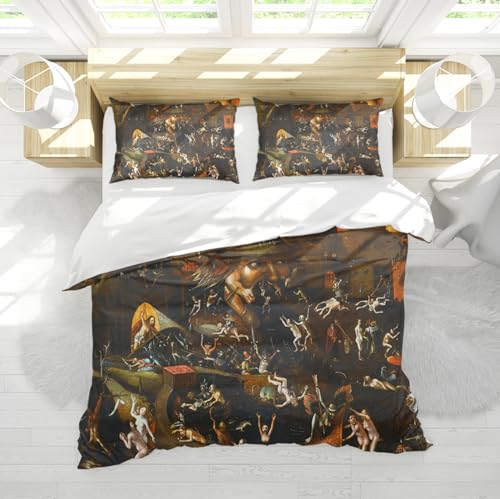 DINGSION Hieronymus Bosch Style Bettwäsche Set 3-teilig Die Hölle Mikrofaser Schlafzimmer Bettwäsche Set mit 2 Kissen Shams Reißverschluss 4 Bänder 200 x 200 cm von DINGSION