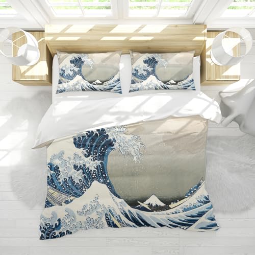 DINGSION Katsushika Hokusai Style Bettwäsche Set 3-teilig The Great Wave Off Kanagawa Atmungsaktives Bettwäsche-Set für Schlafzimmer mit 2 Kissen Shams 240 x 220 cm von DINGSION