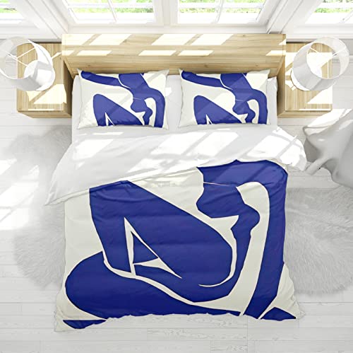 DINGSION Matisse Bettwäsche Set 3-teilig Minimalism Blue Line Damen Weiches und atmungsaktives Bettwäsche-Set für Schlafzimmer mit 2 Kissen Shams 4 Krawatten 135x200cm von DINGSION