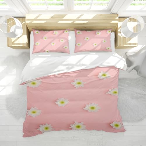 DINGSION Rosa Bettwäsche-Set 3-teiliges weißes frisches kleines Gänseblümchenmuster weiches atmungsaktives Schlafzimmer-Bettwäsche-Set mit 2 Kissentüchern 4 Krawatten Reißverschluss 140 x 200 cm von DINGSION