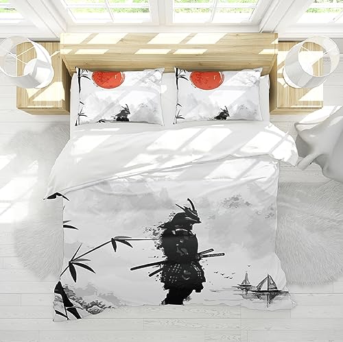 DINGSION Weiße Bettwäsche Set 3-teilig Japanisch Ukiyoe Stil Cool Samurai Red Sun Bambus Bettwäsche-Set für Kinderzimmer mit 2 Kissen Shams 135x200cm von DINGSION