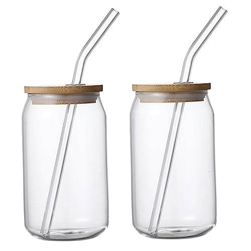 DINHEAROM 2Stücke Hitzebeständige Glasbecher mit Holzdeckel und Strohhalm Trinkgläser für Saft Cocktails und Kalte Getränke für Zuhause und Unterwegs von DINHEAROM