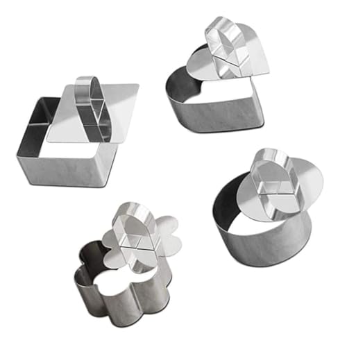 DINHEAROM 4 Stück Teiliges Mousse Ring aus Edelstahl mit Schiebebrett Backform in Herz Rund Blume Rechteck Antihaftbeschichtet Langlebig Leicht zu Reinigen für Kuchen und Dessertzubereitung von DINHEAROM