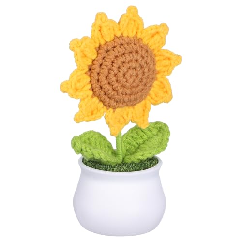 DINHEAROM Handgefertigte Gehäkelte Sonnenblume im Topf Realistische Auto und Wohnraumdekoration für Schreibtisch Armaturenbrett und Partys von DINHEAROM