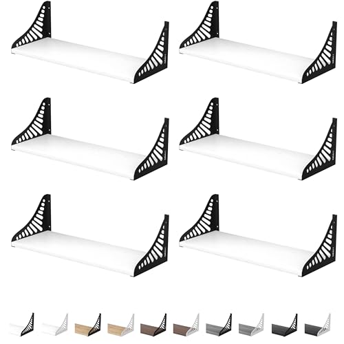 DINIAL Wandmontierte schwebende Regale für die Wand, 6er-Set, Regal Bücherregal für Schlafzimmer, Wohnzimmer, Büro, Badezimmer, Küche, rustikales Holz mit Metallhalterung 04SH-06 (Super Weiß/Schwarze von DINIAL