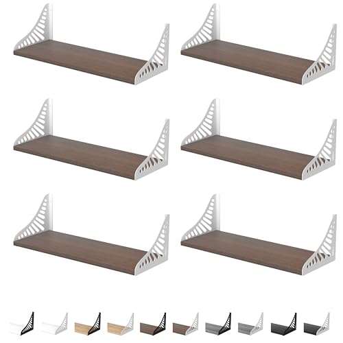 DINIAL Wandmontierte schwebende Regale für die Wand, 6er-Set, Regal Bücherregal für Schlafzimmer, Wohnzimmer, Büro, Badezimmer, Küche, rustikales Holz mit Metallhalterung 04SH-06 (dunkelbraun/weiße von DINIAL