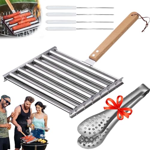 DINNIWIKL Hotdog Roller Stainless Steel Sausage Roll Rack, Hot Dog Roller for BBQ Grill, Portable Hot Dog Roller with Wooden Handle, Hotdog Roller Grill for Outdoor Grilling Parties (Medium) von DINNIWIKL