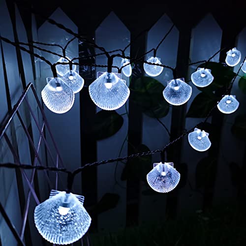 DINOWIN Solar Lichterkette Muscheln 16.4FT 30LED Wasserdicht 8 Modi Muschelkette Schale Lichterkette Deko für Strand Badezimmer Halloween Hochzeit Deko (Weiß) von DINOWIN