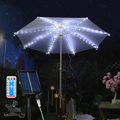 DINOWIN Solar Lichterkette für Sonnenschirm mit Fernbedienung Wasserdichte 104 LEDs 8 Modi Sonnenschirm Beleuchtung Dekoleuchte für Campingzelte Garten Strand Party (Weiß) von DINOWIN