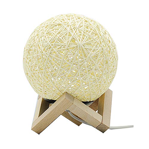 DINOWIN Dekorative Tischlampe, USB verstellbare Nachttischlampe Rattan Ball Massivholz Schreibtischlampe für Hochzeit Wohnzimmer Schlafzimmer Party Home Decor mit warmen weißen LED-Leuchten (Beige) von DINOWIN