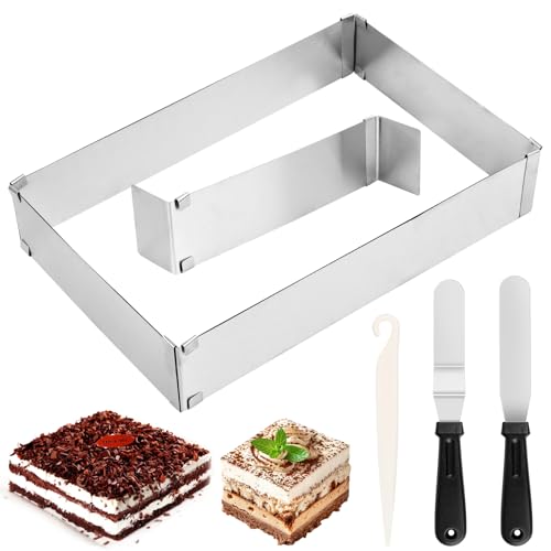 DINSONG Backrahmen Rechteckig Verstellbar,Edelstahl Backform Rechteckig Tortenring Verstellbare Kuchenform Eckig mit Teiler,Spatel,für Kuchen Torten Pizza Backen Party Dekorieren von DINSONG