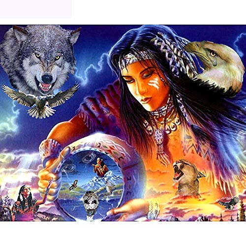 Diopn 5D Diy Diamond Painting Indianer Und Wolf Strass Stickerei Wolf(Runder Diamant 40 * 50) von DIOPN