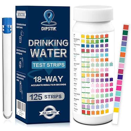 DIPSTIK 18in 1 Trinkwasser Teststreifen,125 Stück Wasserteststreifen für Trinkwasser Schnelltest,Überprüfung der Wasserqualität - Wasserteststreifen mit Härte, Nitrat,Blei, Eisen, Kupfer von DIPSTIK