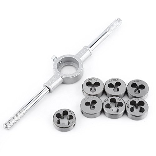Dirbak 8 -Piece -Metrik -Runden -Gewinde -Set mit Griffschlüssel, M3 M4 M5 M6 M8 M10 M12 Schneidstirme, 25 -mm -Würfelhalter für die Reparatur von Fadenfäden von DIRBAK