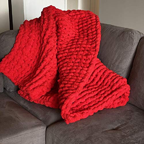 DIRUNEN Chenille Gestrickte Decke Grob Kuscheldecke Wolldecke Strickdecke Tagesdecke Überwurf Decke Zuhause Dekor Geschenk fürs Sofa(Rot 100×100 cm) von DIRUNEN