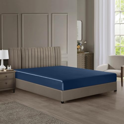 DISANGNI 22 Momme Spannbetttuch, 100 % Maulbeerseide, Güteklasse 6A, Oeko-Tex-zertifiziert, 1 Stück luxuriöses weiches Seide-Spannbetttuch, tiefe Tasche (Blau, 90 x 190 + 30 cm) von DISANGNI